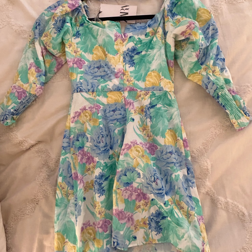 *NWT* Zara Off The Shoulder Printed Neon Multicolor Watercolor Dress; size XS - Picture 2 of 5